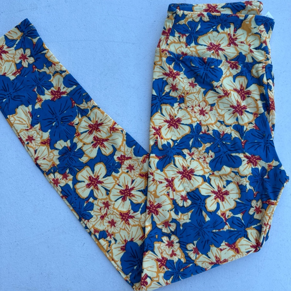 NWOT LuLaRoe OS One Size Floral Leggings - Blue, Yellow, Red